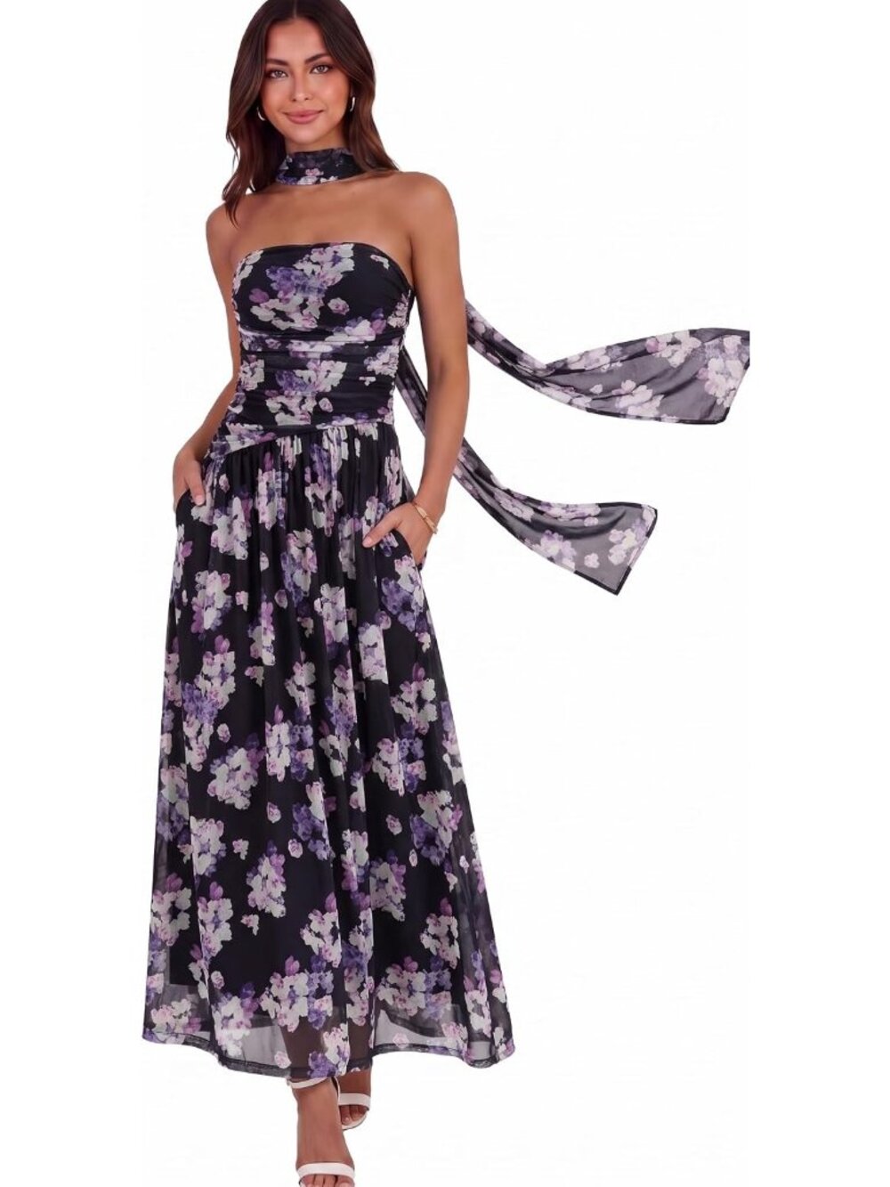 Women's Black Floral Strapless Elastic Waist Side Pocket Wedding Maxi Dresses